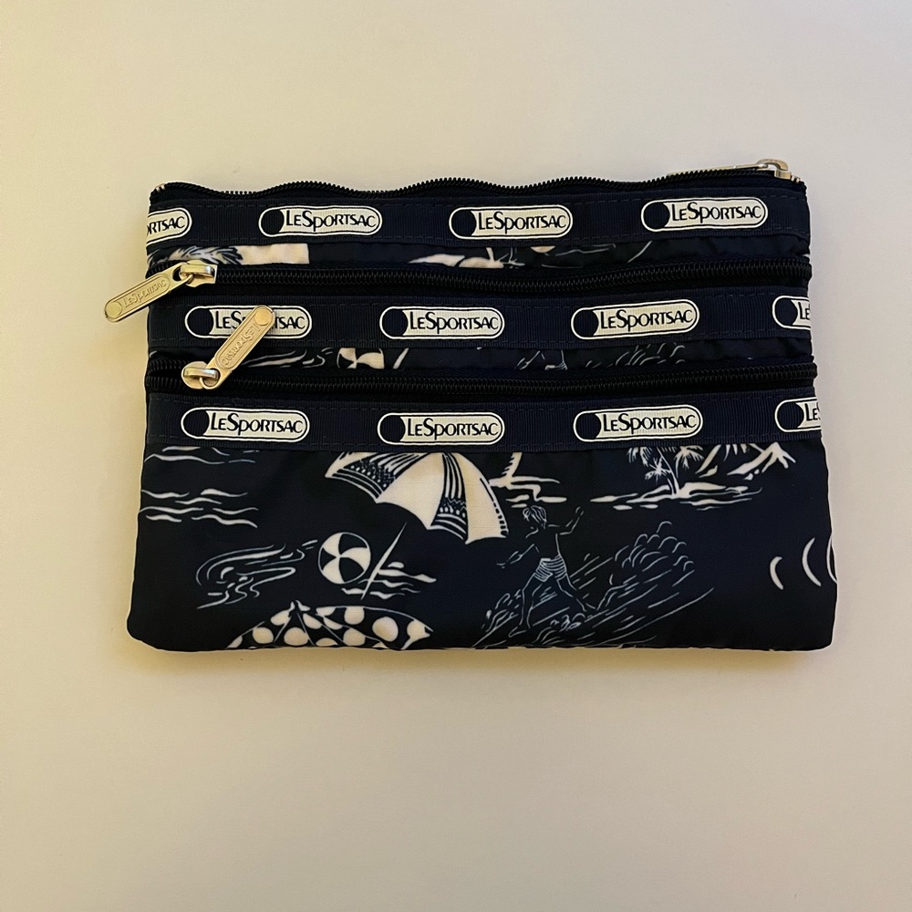 Lesportsac Black & White Beach Print Triple Zip Cosmetic Pouch